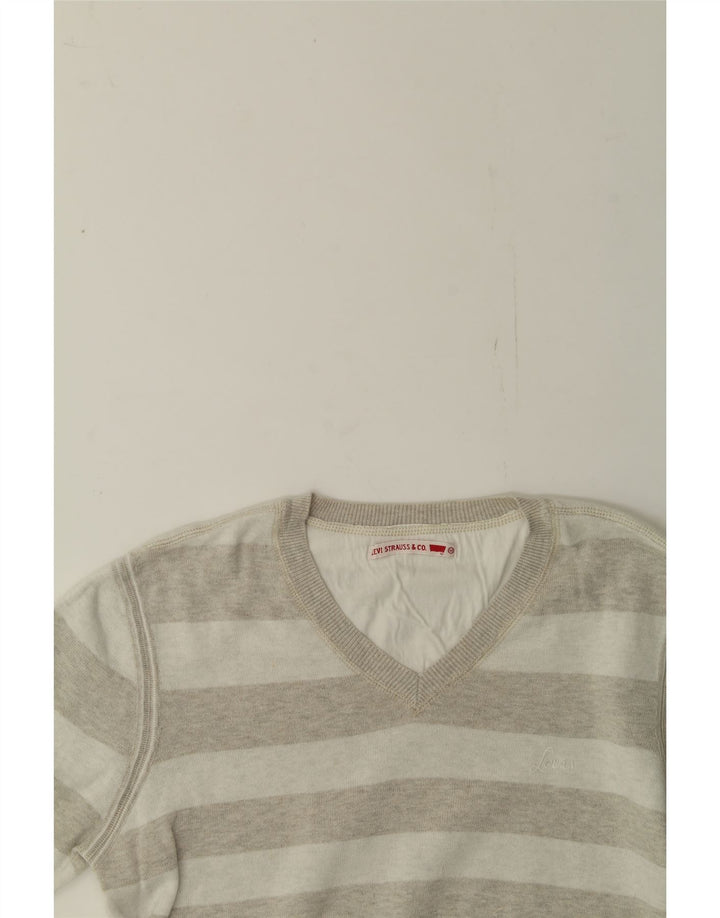 LEVI'S Womens V-Neck Jumper Sweater UK 14 Medium Grey Striped Cotton Vintage Levi's and Second-Hand Levi's from Messina Hembry 