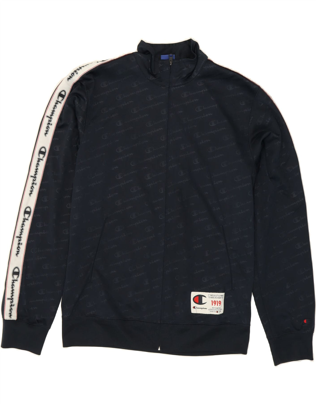CHAMPION Mens Graphic Tracksuit Top Jacket Large Navy Blue Polyester Vintage Champion and Second-Hand Champion from Messina Hembry 