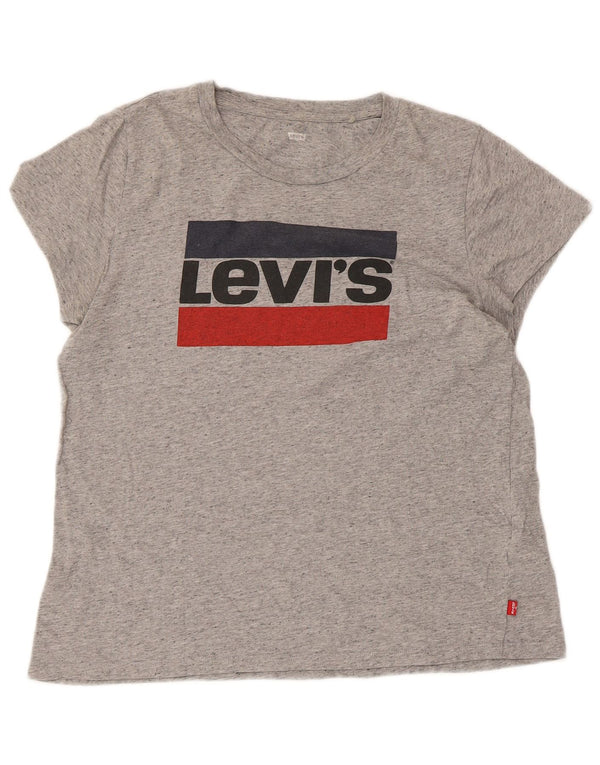 LEVI'S Grafisk T-shirt top til kvinder UK 14 Stor grå flækket bomuld