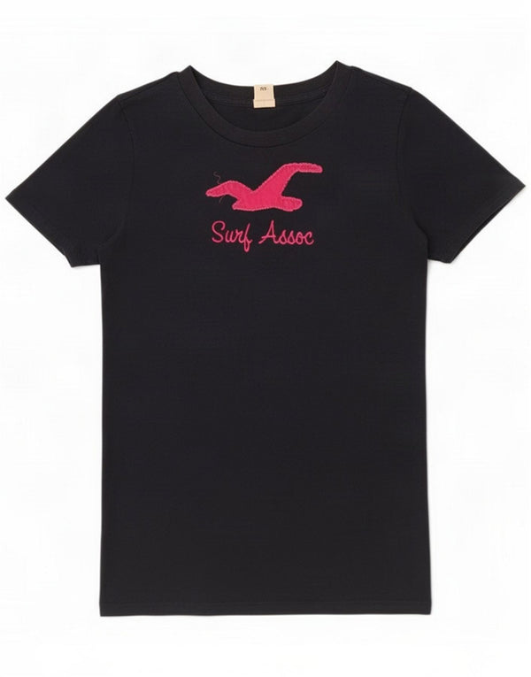 Hollister Womens Graphic T-Shirt Top UK 14 Large Navy Blue Cotton