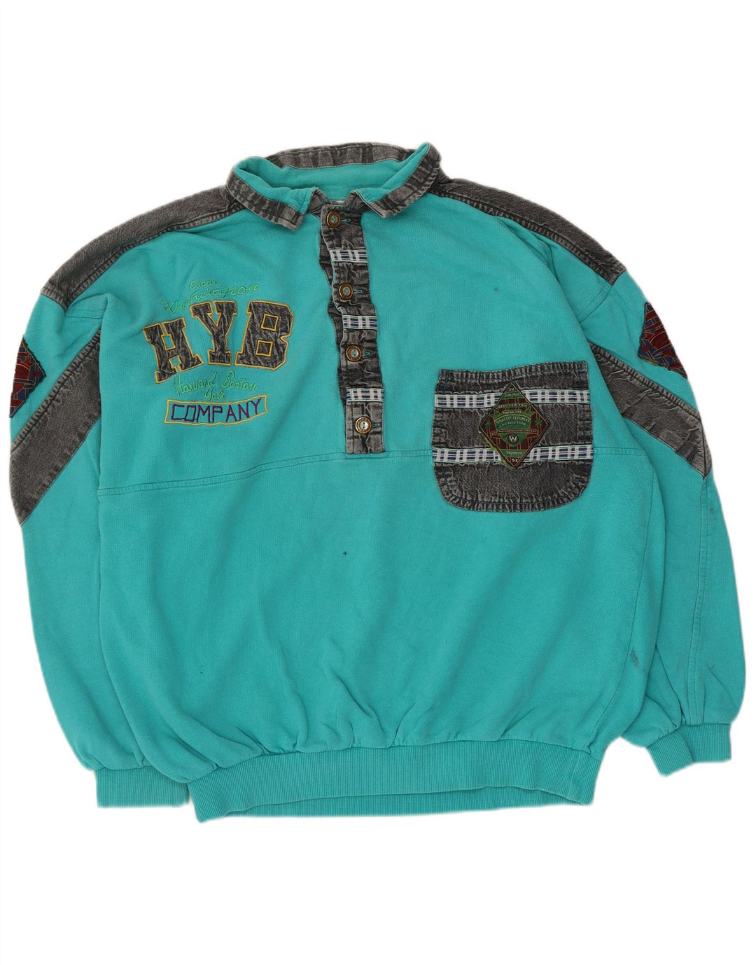 Vintage herre grafisk sweatshirt jumper stor turkis farveblok