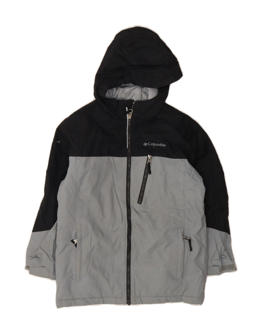 COLUMBIA Boys Hooded Windbreaker Coat 7-8 Years Small Grey Colourblock Vintage Columbia and Second-Hand Columbia from Messina Hembry 