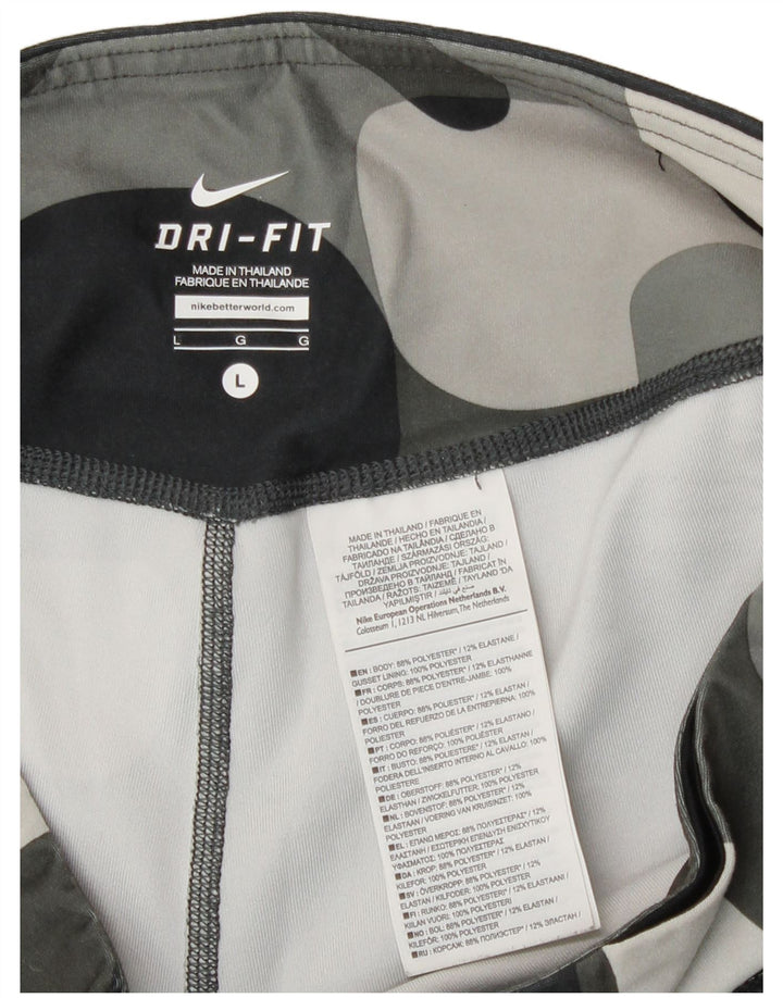 Nike Dame Dri Fit Leggings UK 14 Large Grå Camouflage Polyester