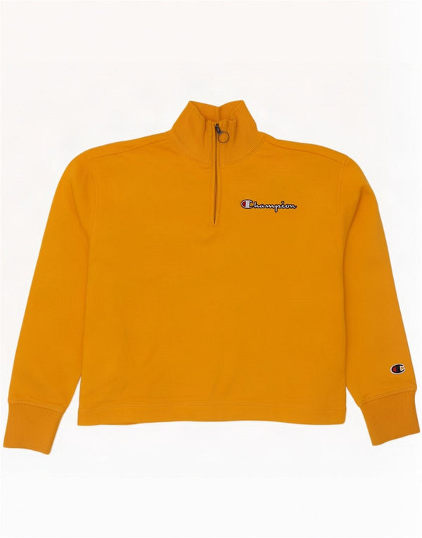 Champion Womens Crop Zip Neck Sweatshirt Jumper UK 6 XS Gul Bomuld