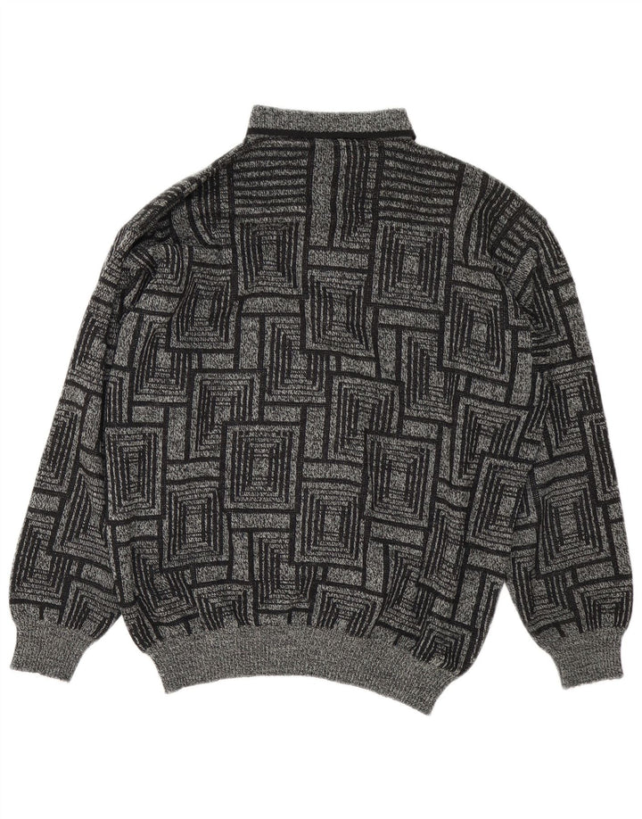 Vintage Herre Polo Hals Trøje Sweater Large Grå Geometrisk