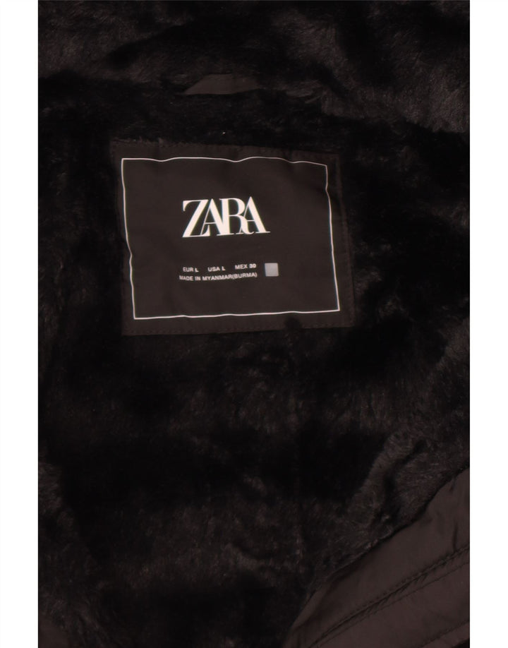 Zara Dame Hætte Polstret Jakke UK 14 Large Sort