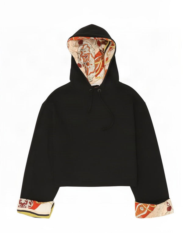 Zara Womens Crop Abstrakt mønster Oversized Hoodie Jumper UK 10 Small Black