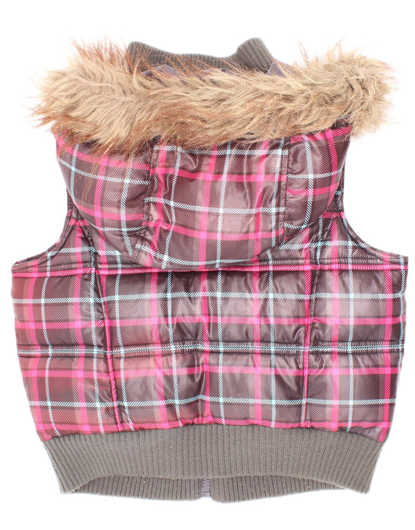 Benetton Girls Hooded Padded Gilet 7-8 Years Small Red Plaid