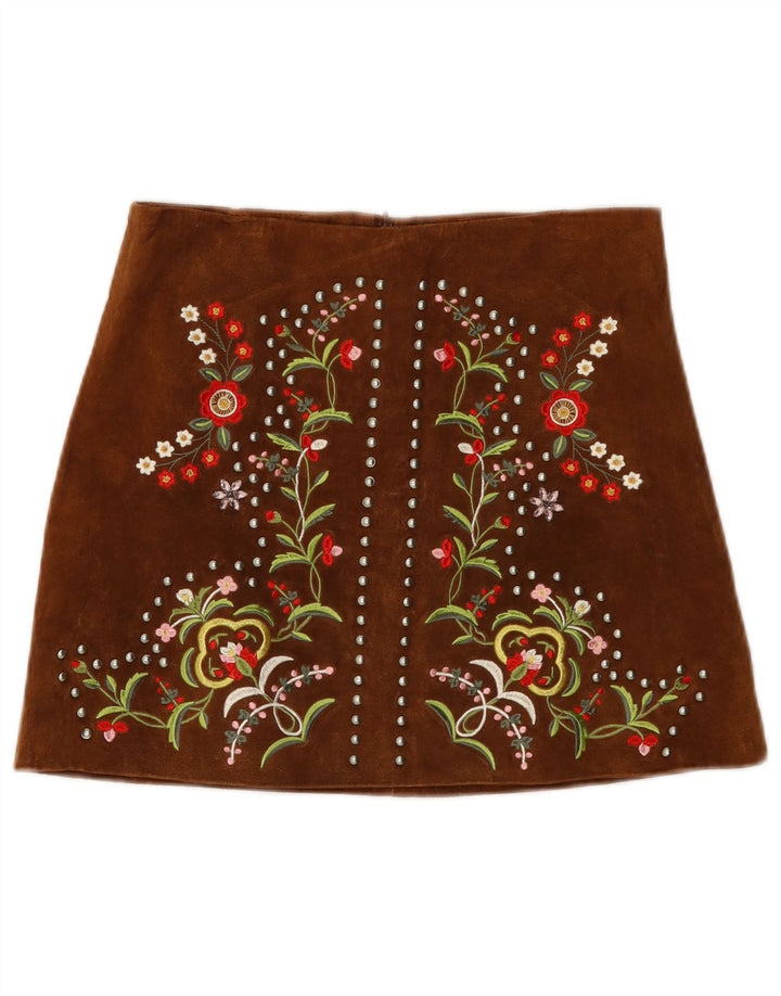 Zara Dame Ruskind Nederdel Small W26 Brown Floral Læder
