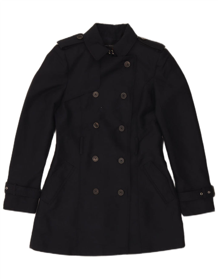 Zara Dame Dobbeltradet Trench Coat UK 10 Small Navy Blue Polyester