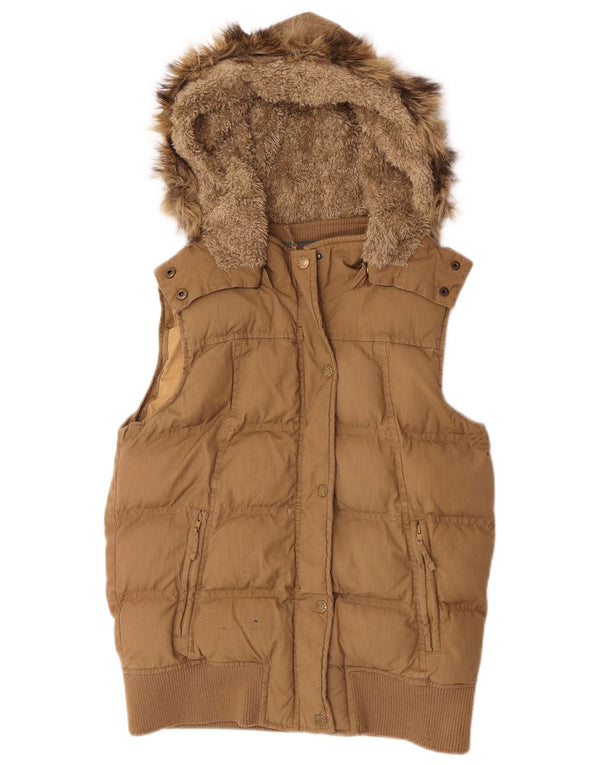 Fat Face Dame Hætte Polstret Gilet UK 8 Small Beige Bomuld