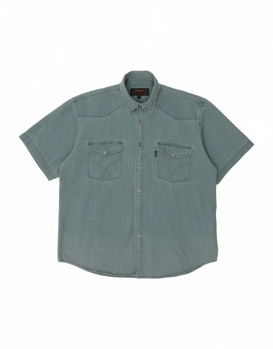 VINTAGE Mens Short Sleeve Denim Shirt Large Turquoise Cotton