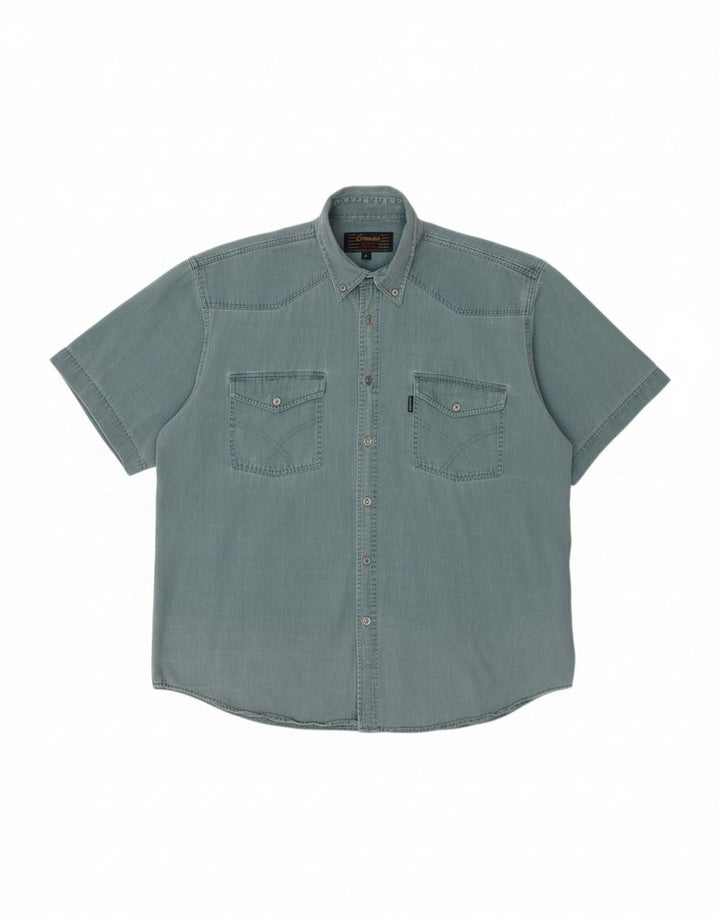 VINTAGE Mens Short Sleeve Denim Shirt Large Turquoise Cotton