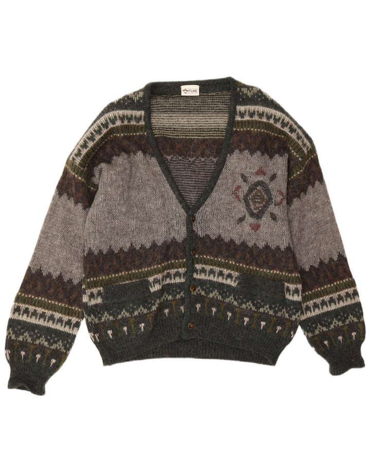 Fiume Herre Cardigan Sweater Large Grey Fair Isle Akryl