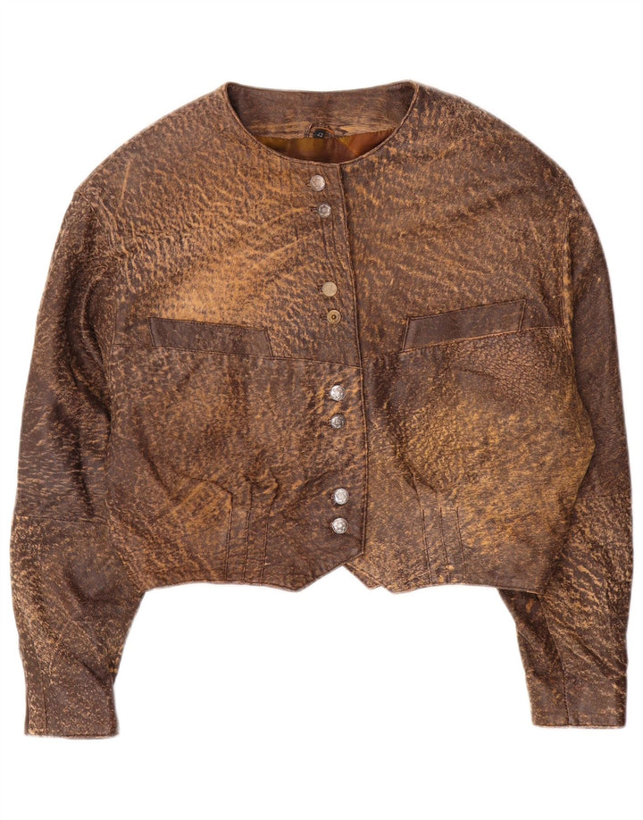 Vintage Dame Crop Læderjakke IT 42 Medium Brown Animal Print Læder