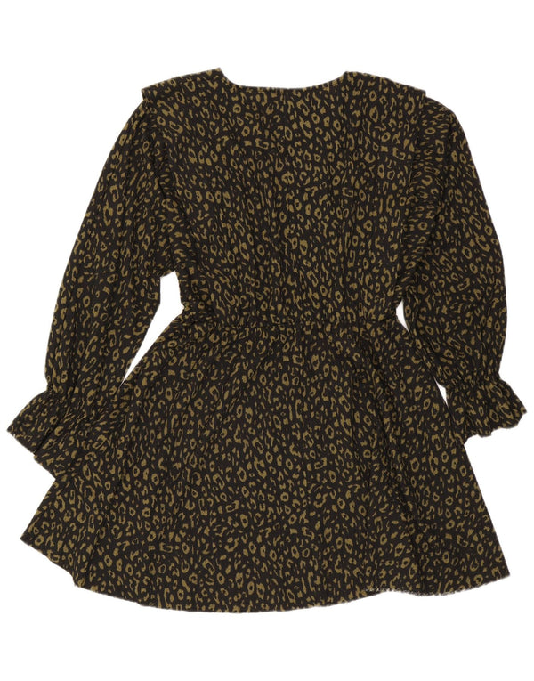 Zara Dame Langærmet A-Line Kjole UK 16 Large Black Animal Print