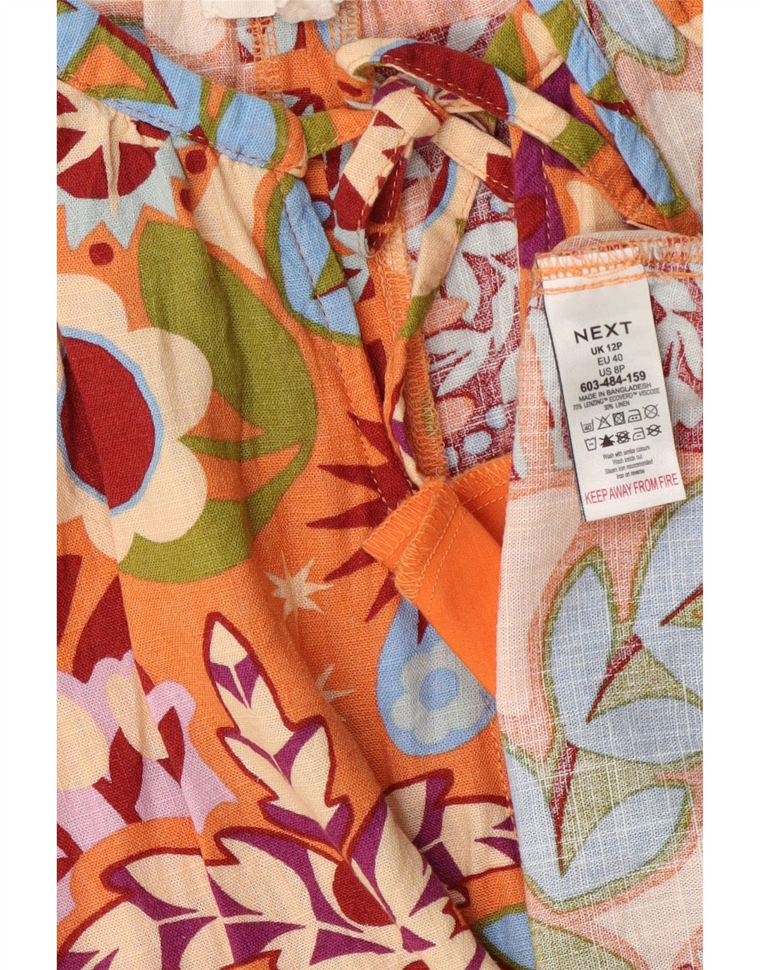 Næste Dame Front Tie A-Line Kjole UK 12 Medium Orange Floral Viscose