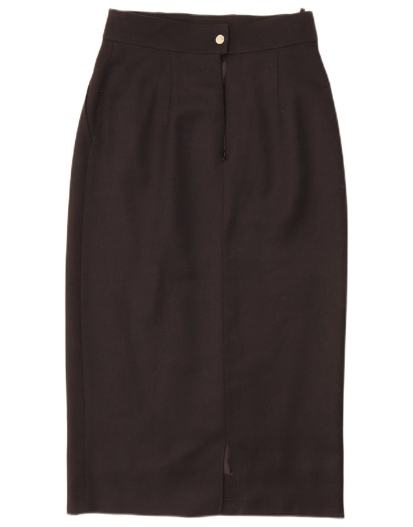 Vintage kvinders højtaljede midi-nederdel UK 10 Small W26 Black Wool