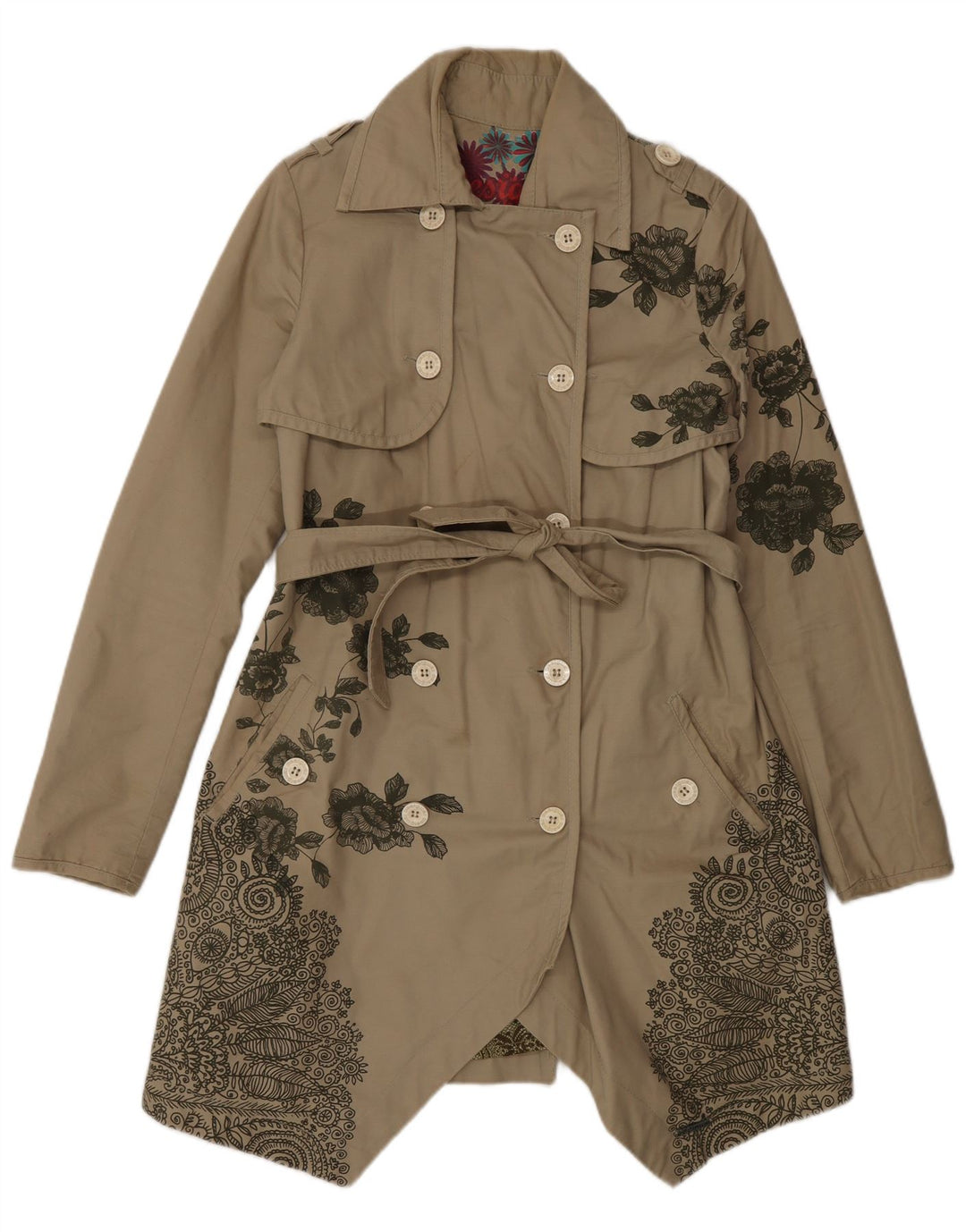 Desigual Dame Dobbeltradet Trench Coat EU 38 Medium Beige Floral