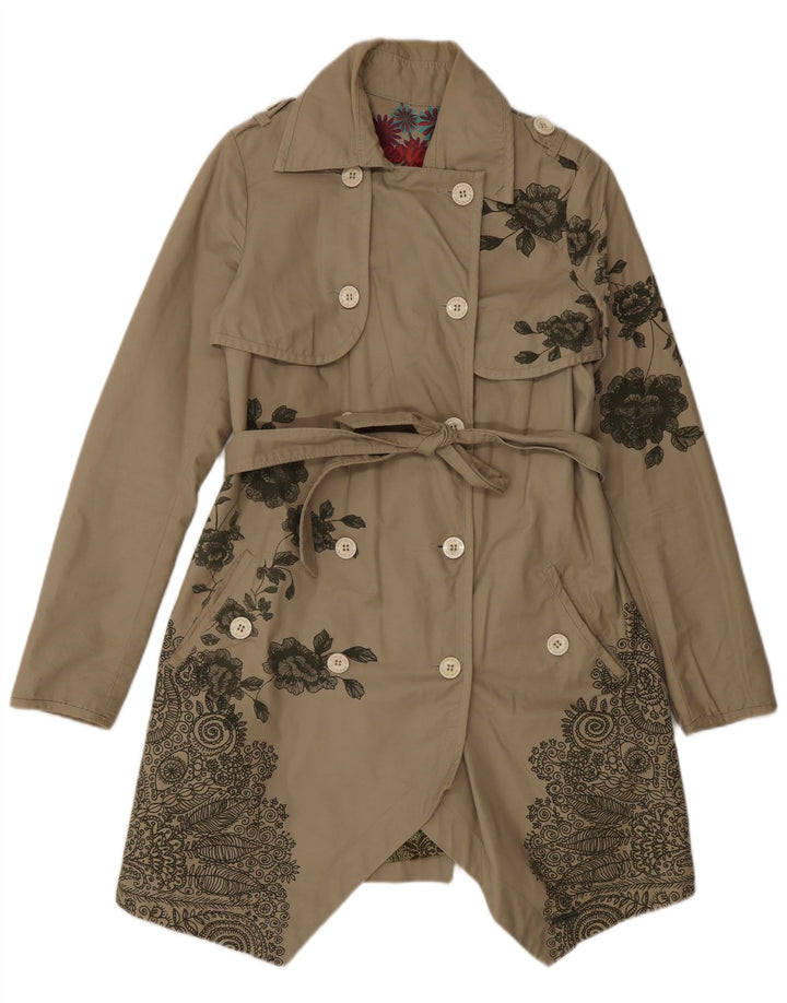 Desigual Dame Dobbeltradet Trench Coat EU 38 Medium Beige Floral