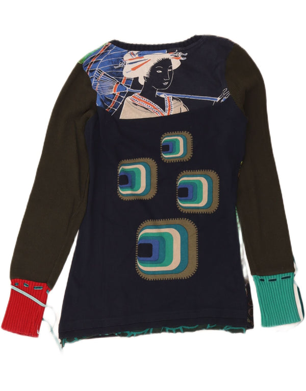 Desigual Dame Grafisk Top Langærmet UK 14 Large Navy Blue Floral
