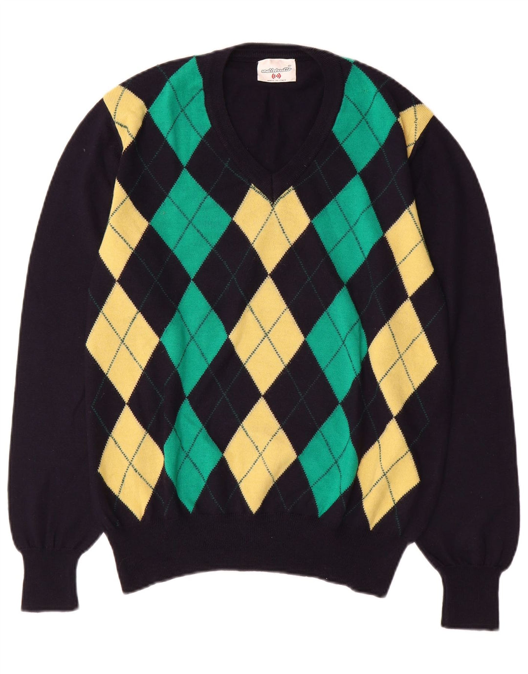 Marronetto Herre V-hals sweater Small Navy Blue Argyle/Diamond Wool