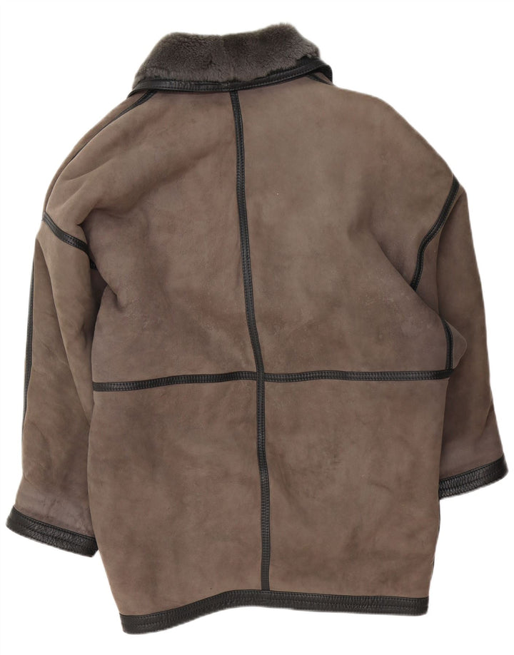 Vintage Dame Oversized Shearling Coat UK 20 2XL Grå Læder