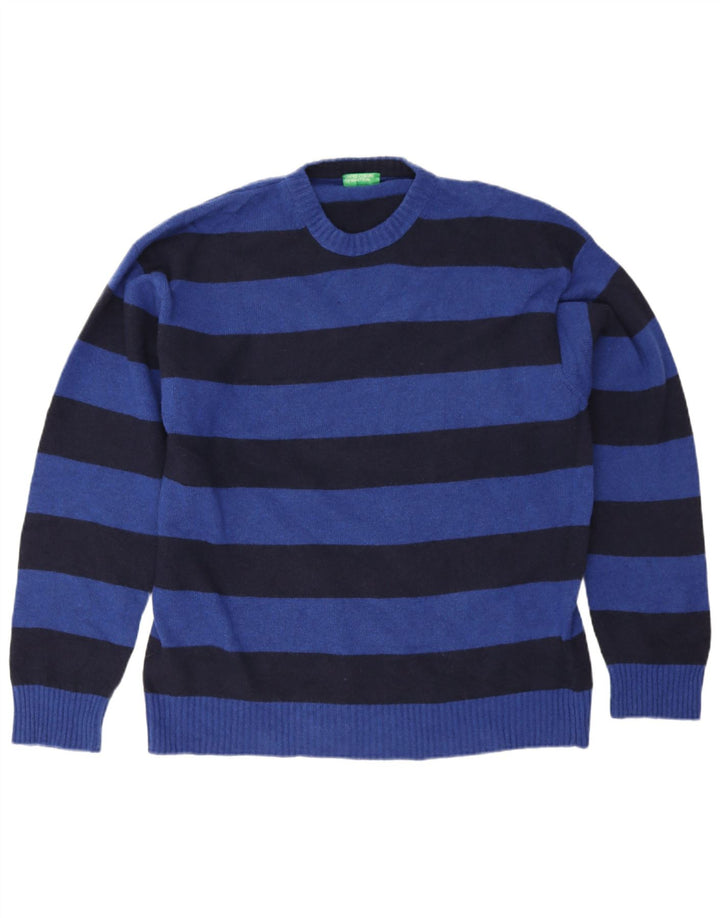 Benetton Herre rund hals sweater 2XL blå stribet uld