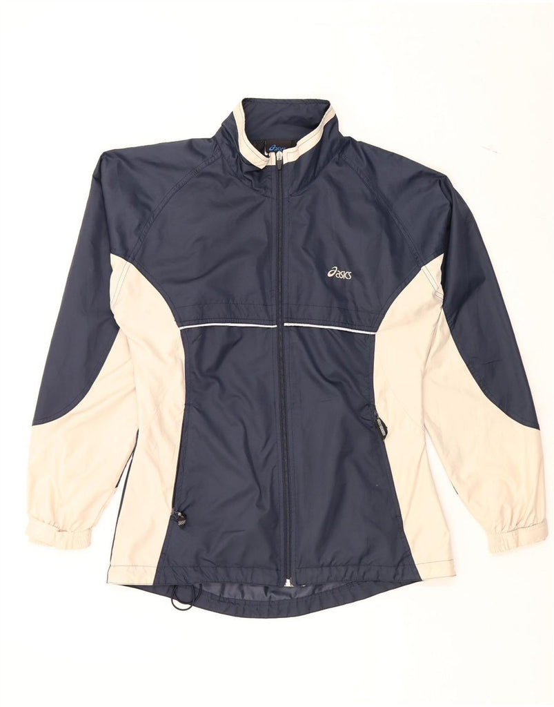 ASICS Womens Oversized Tracksuit Top Jacket UK 6 XS  Navy Blue Colourblock Vintage Asics and Second-Hand Asics from Messina Hembry 