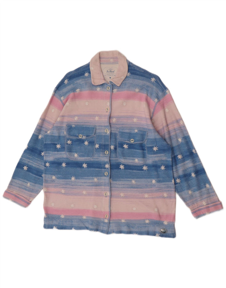 Vintage kvinders abstrakt mønster skjorte bluse UK 16 Stor blå stribet