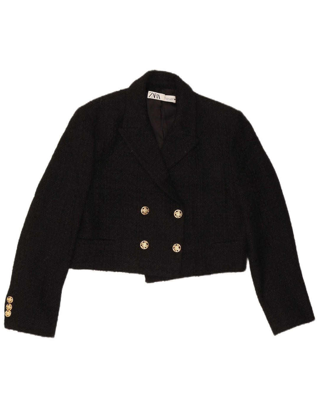Zara Womens Crop Double Breasted Blazer Jacket UK 16 Large Black Polyester