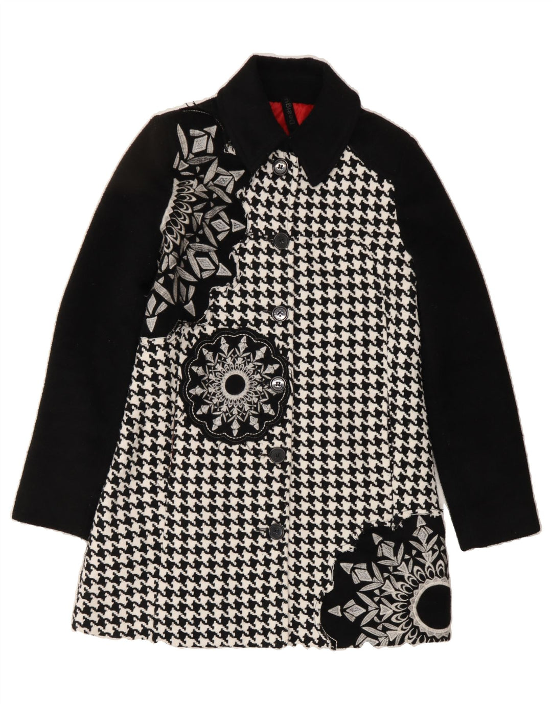 DESIGUAL Womens Graphic Overcoat EU 38 Medium Black Houndstooth Polyester Vintage Desigual and Second-Hand Desigual from Messina Hembry 