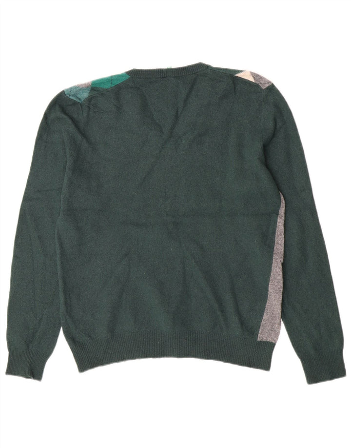Benetton Dame V-hals sweater UK 12 Medium Green Argyle/Diamond