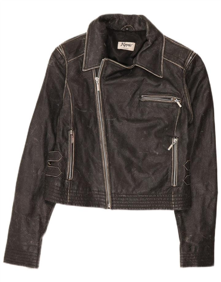 Yuppie Womens Crop Læder Biker Jacket EU 38 Medium Sort Læder