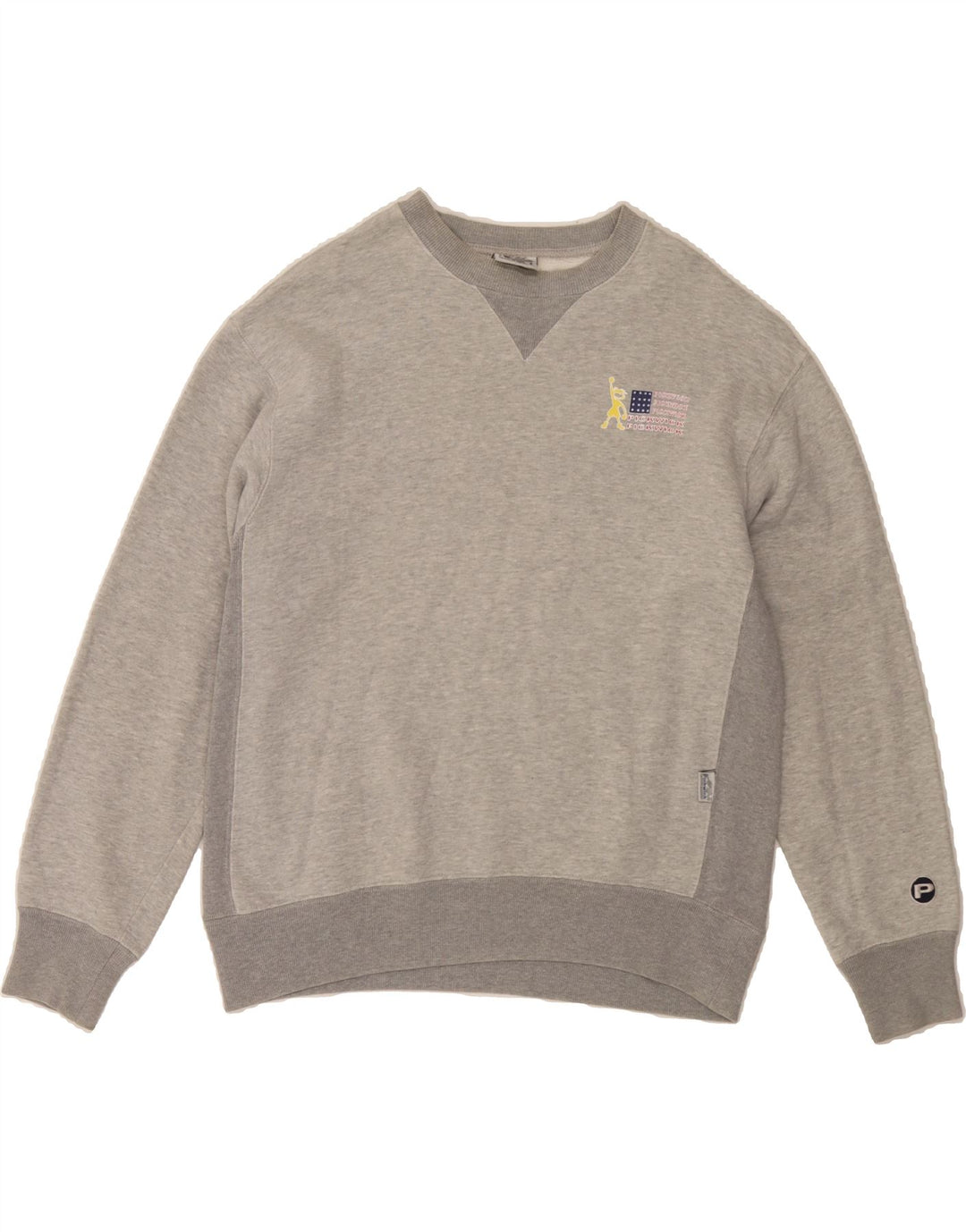 PICKWICK Mens Graphic Sweatshirt Jumper Large Grey Colourblock Cotton Vintage Pickwick and Second-Hand Pickwick from Messina Hembry 