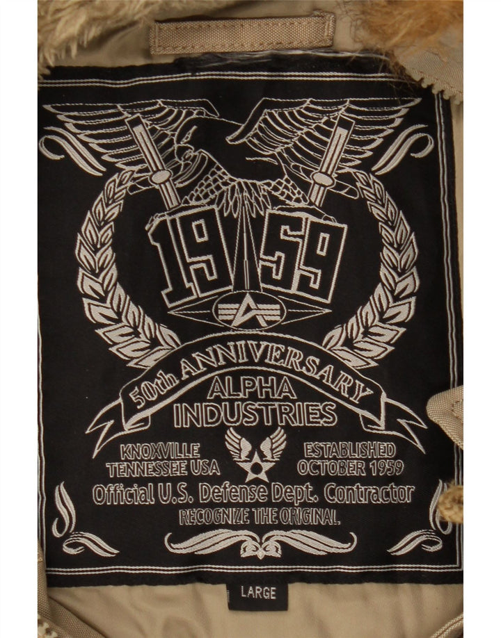 Alpha Industries Herre Hooded Parka Jacket UK 40 Large Beige Polyester