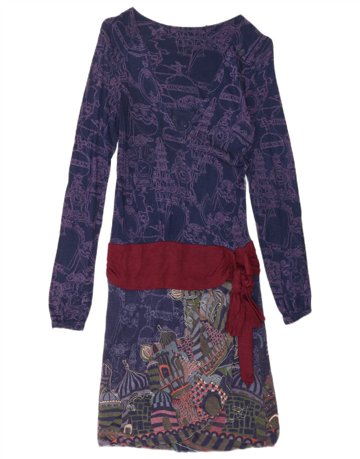 Desigual Kvinders abstrakt mønster Drop Waist Dress UK 8 Small Navy Blue