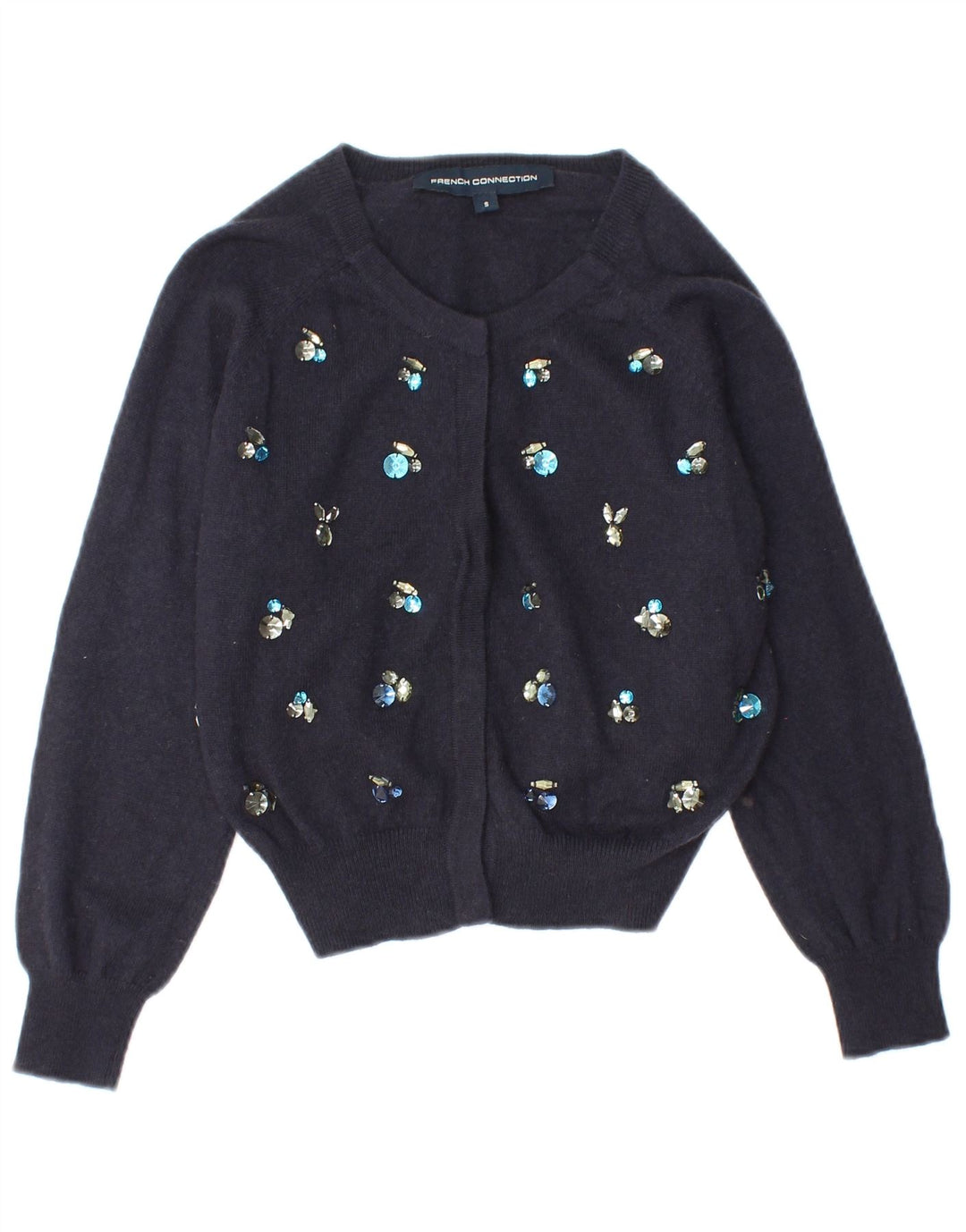 FRANSK FORBINDELSE Dame Crop Cardigan Sweater UK 10 Small Navy Blue Wool