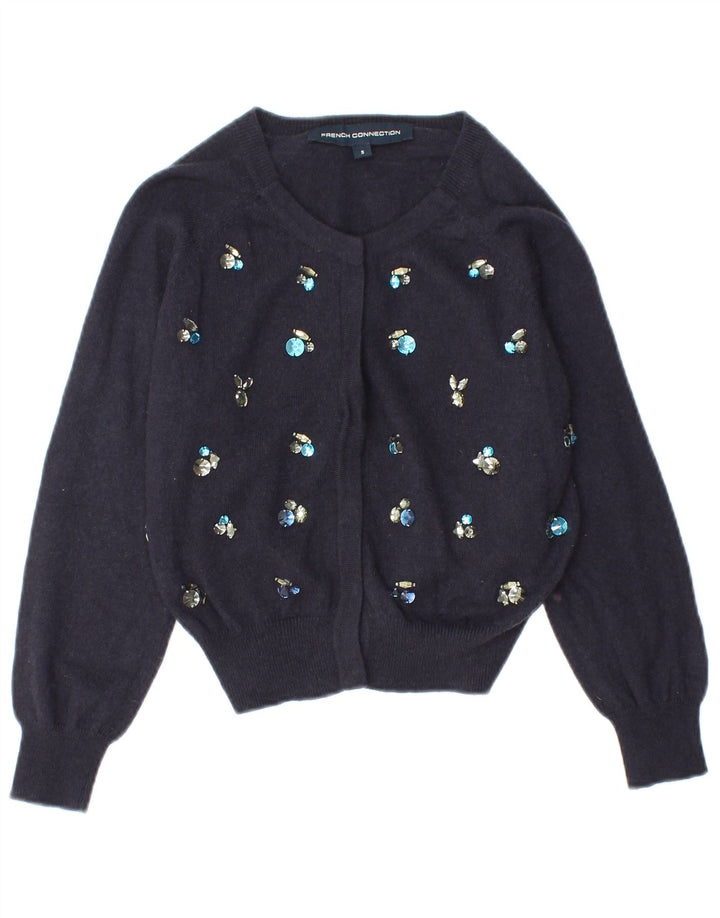FRANSK FORBINDELSE Dame Crop Cardigan Sweater UK 10 Small Navy Blue Wool