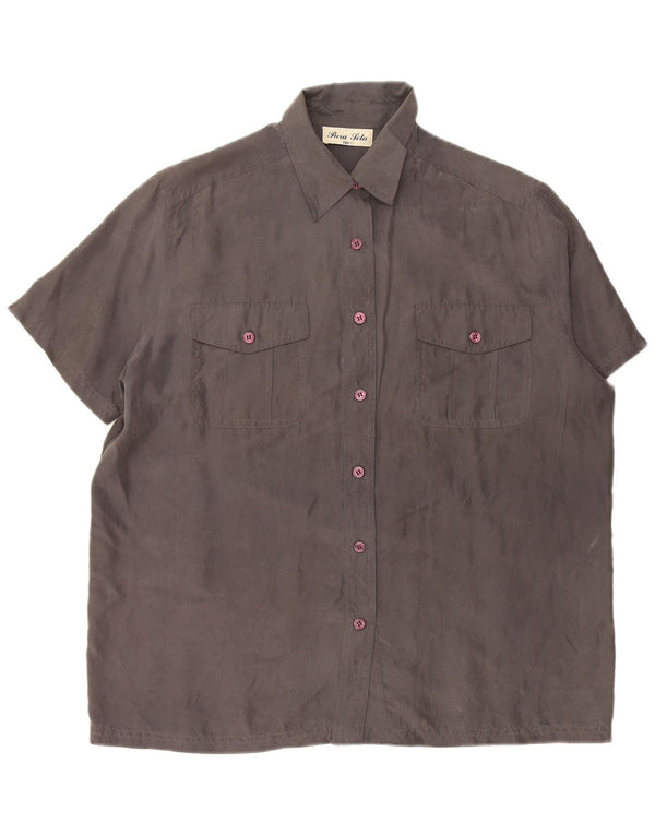 PURA SETA Womens Short Sleeve Shirt Blouse UK 20 2XL Grey Silk