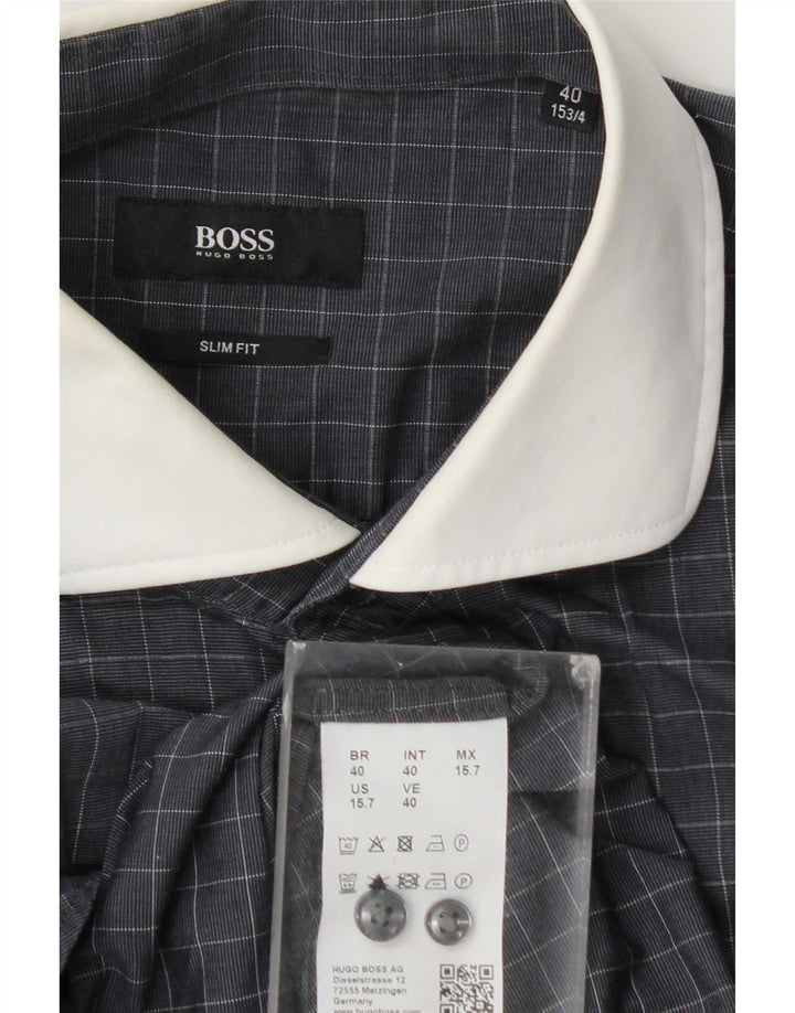 Hugo Boss Herre Slim Fit Skjorte Størrelse 40 15 3/4 Medium Grey Ternet Bomuld
