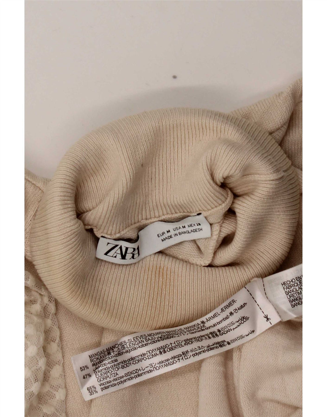 Zara Dame Rullehals Sweater UK 12 Medium Off White Bomuld
