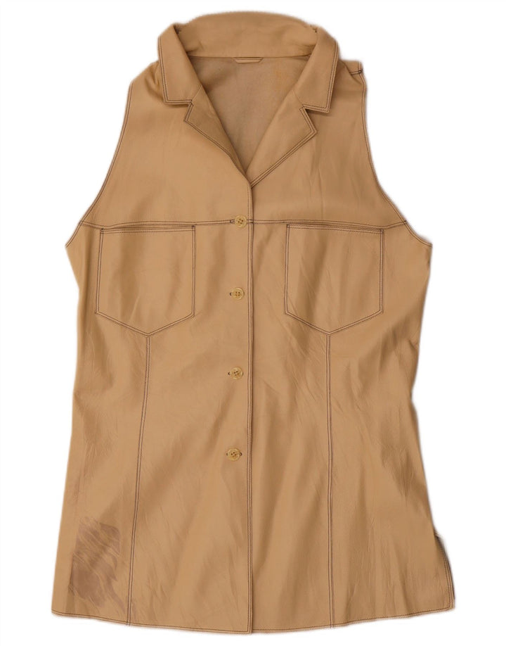 Vintage Dame Læder Gilet IT 44 Medium Beige Læder