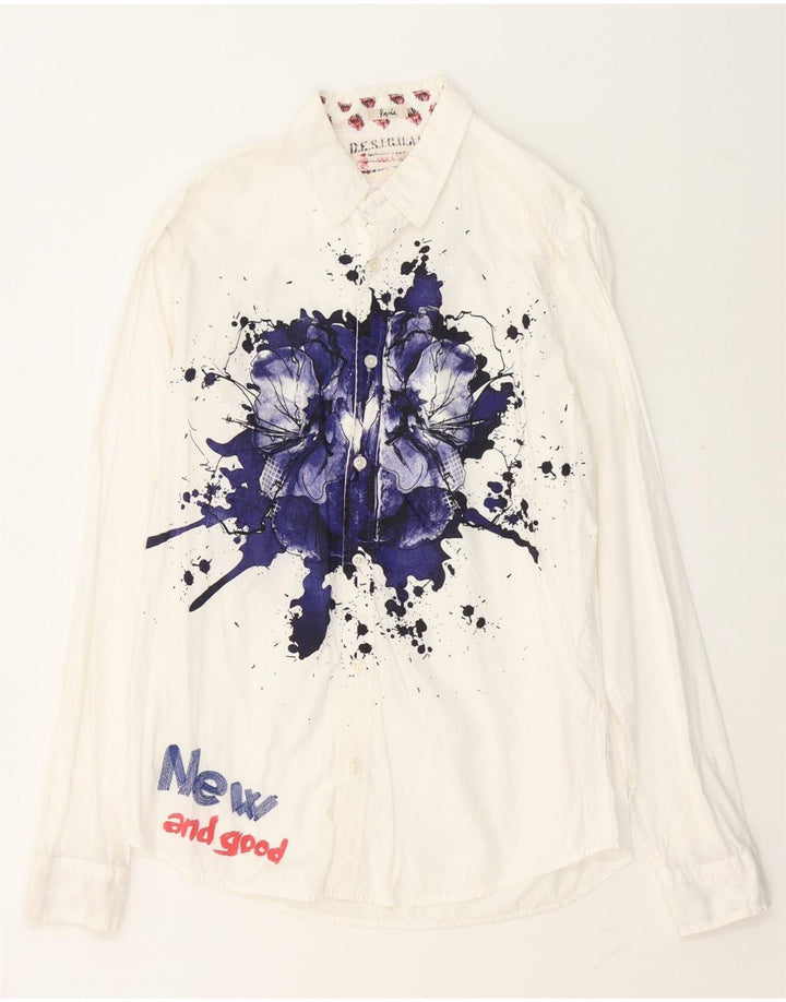 Desigual Herre Grafisk Regular Fit Skjorte Lille hvid blomstret bomuld