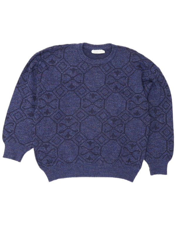 Vintage herre sweater med rund hals XL blå geometrisk