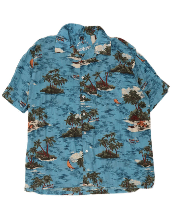 Vintage kortærmet Hawaii-skjorte til mænd XL blå bomuld