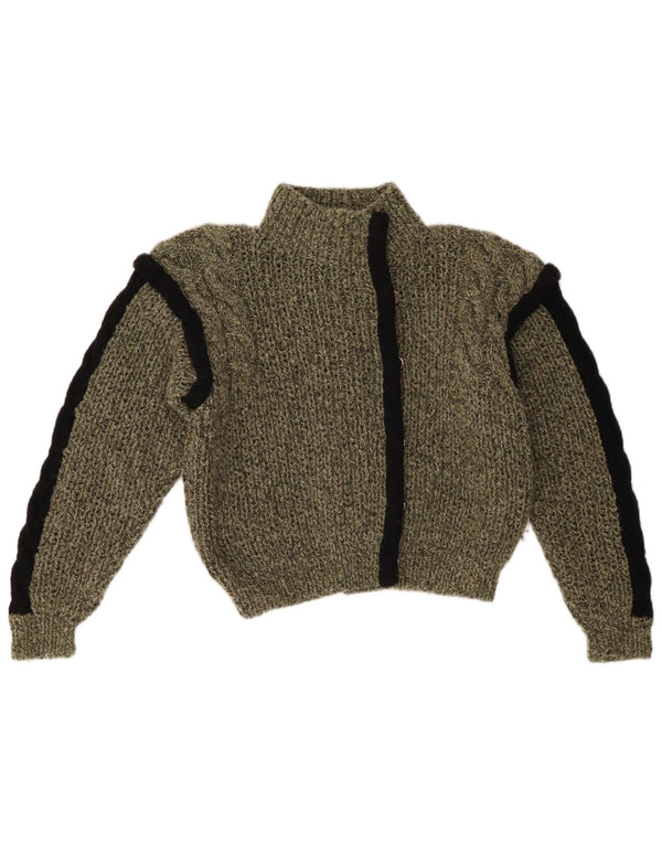 Vintage Kvinders Crop Cardigan Sweater UK 12 Medium Khaki Colourblock Bomuld
