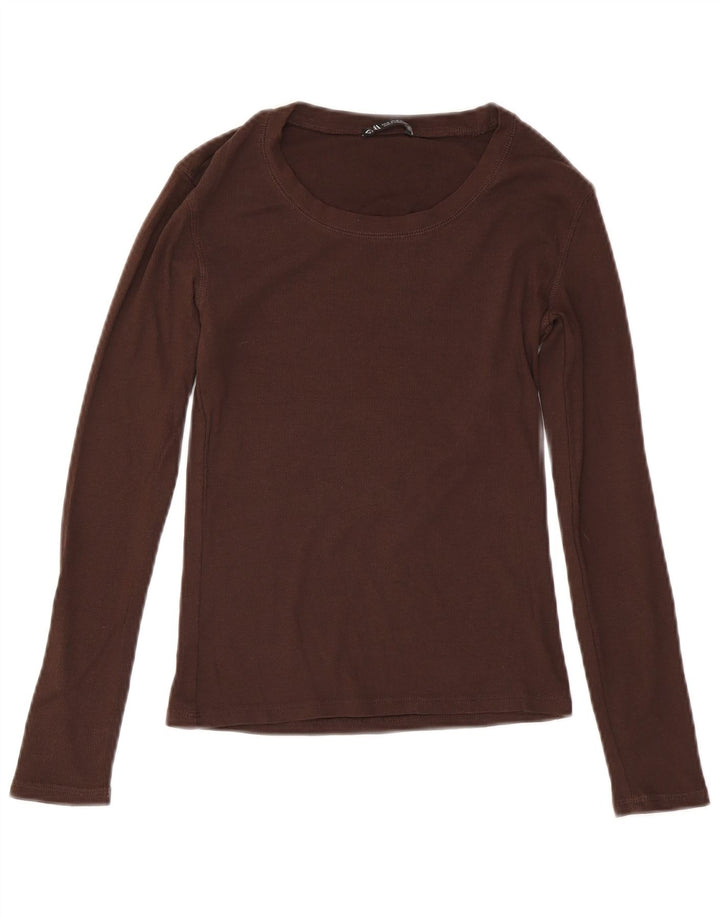 Zara Dame Top Langærmet UK 12 Medium Brun Bomuld