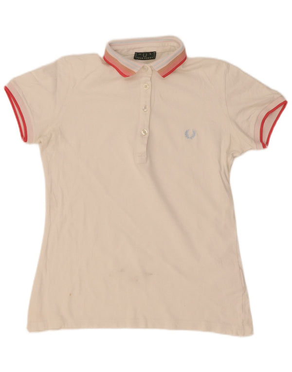 Fred Perry Dame Polo Shirt UK 14 Stor hvid stribet bomuld