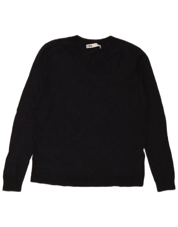 Zara Dame V-hals sweater UK 10 Small Navy Blue Wool
